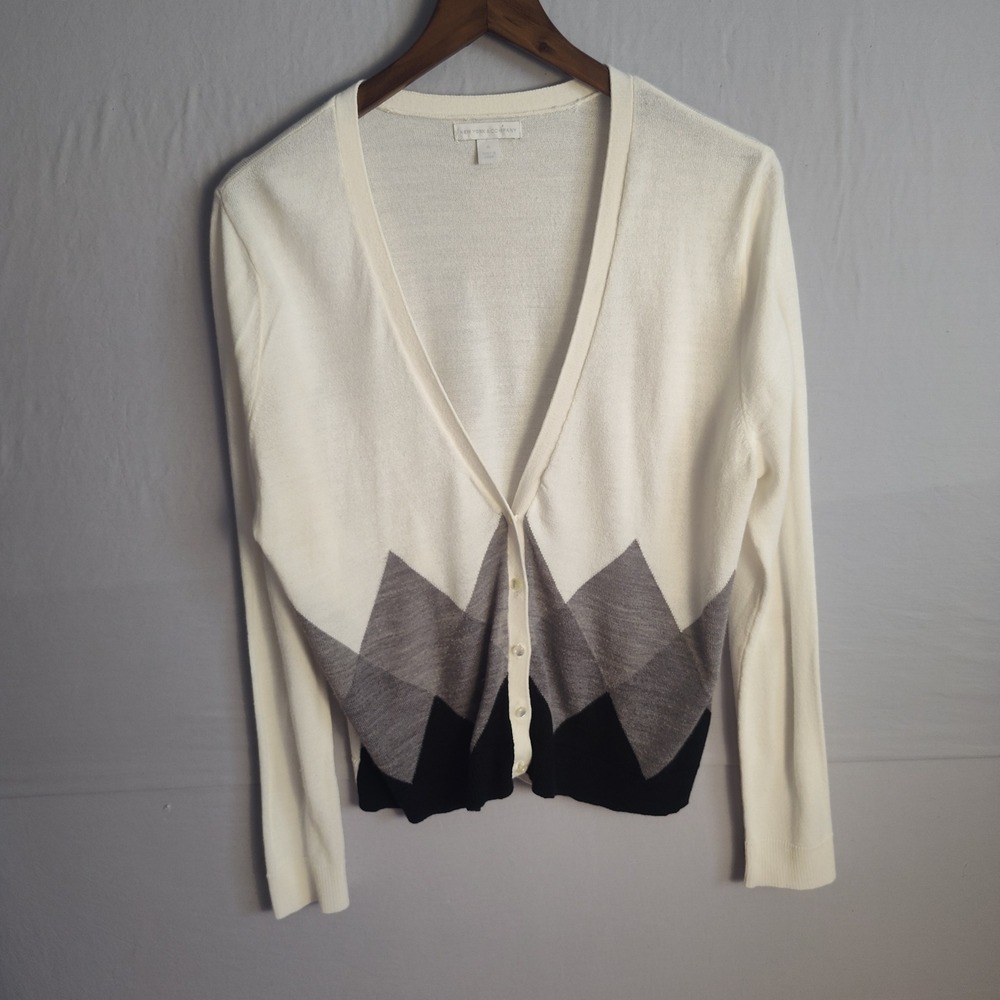 New York & Company Cream Grey Black Colorblock Argyle Cardigan‎ Sweater XL
